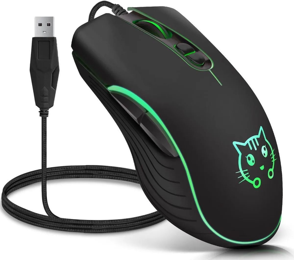 Black wired gaming mouse with cat cartoon design and RGB lighting