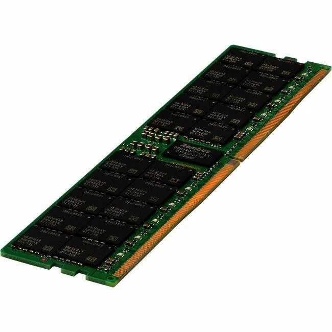 Green rectangular DDR5 server memory module with gold contacts and black chips