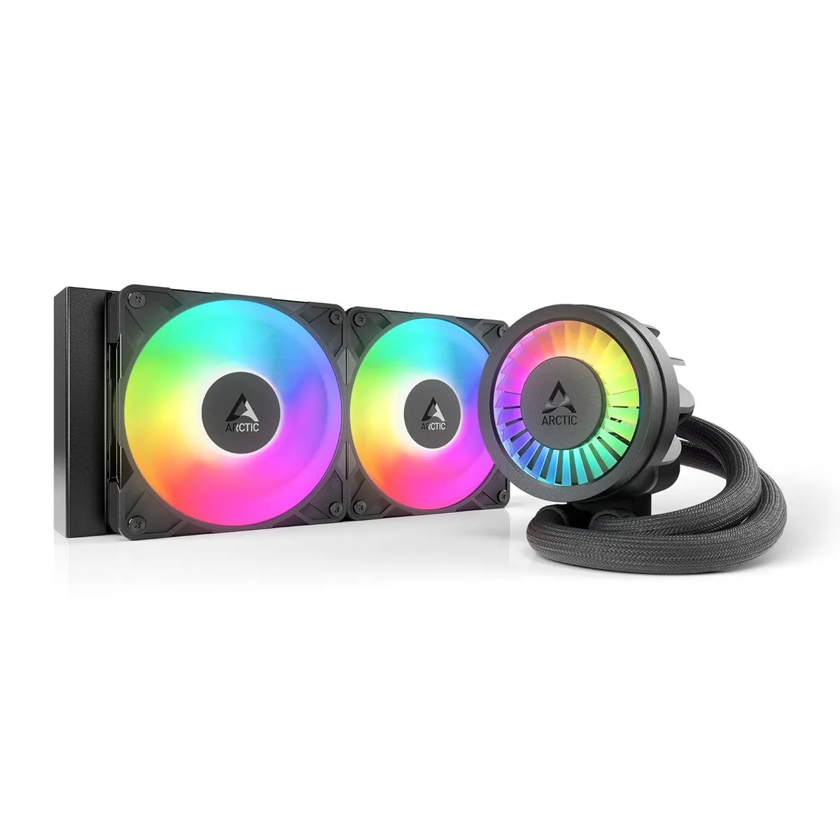 Black 240 mm AIO liquid cooler with dual 120 mm ARGB fans and integrated VRM fan