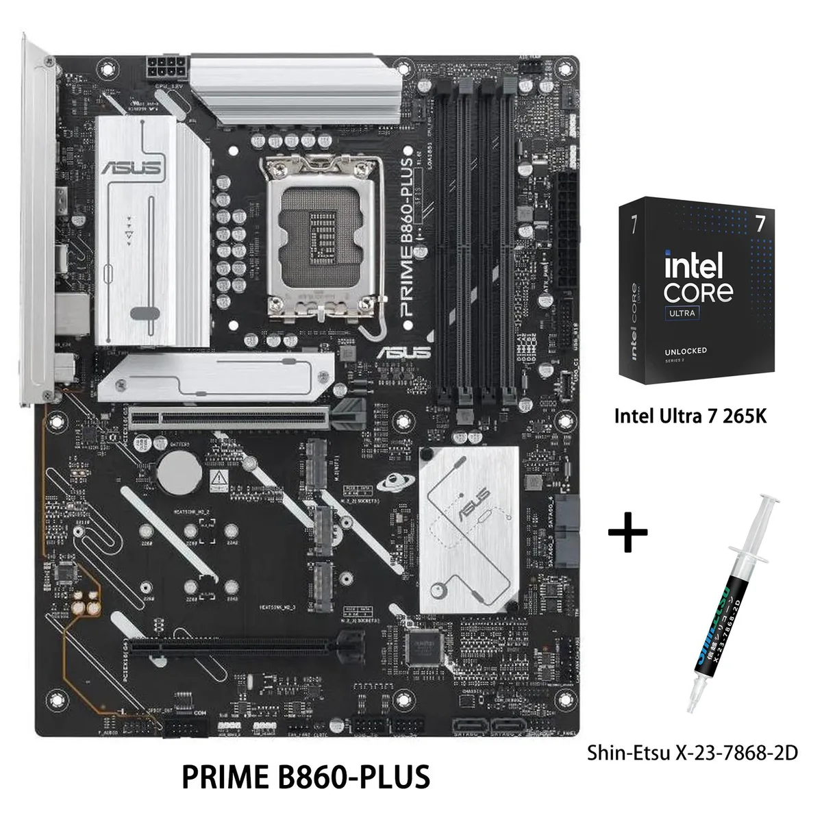 ATX motherboard in box with CPU and thermal paste tube