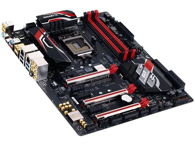 ATX motherboard black PCB orange accents metal heatsinks