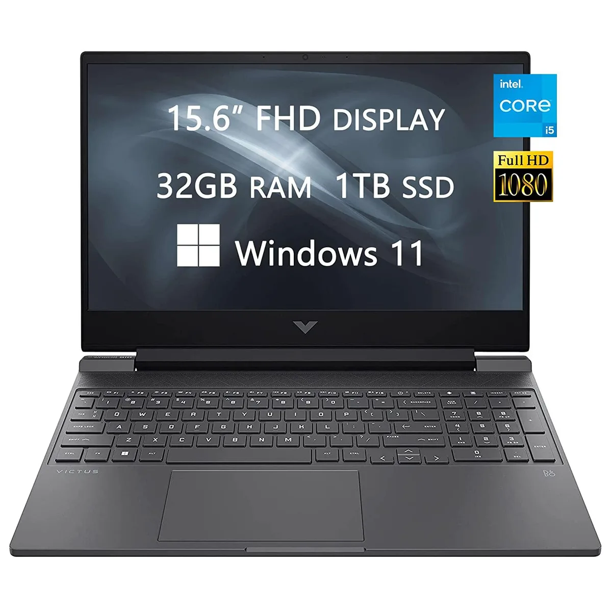 Black HP Victus 15.6 laptop with backlit keyboard and micro-edge display