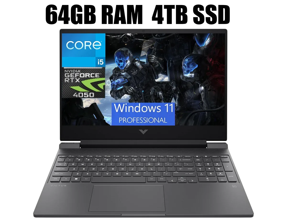 Black 15.6 inch gaming laptop with thin bezel display and backlit keyboard