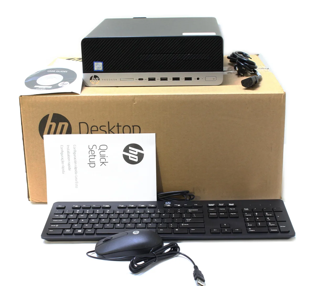 Small black rectangular desktop tower with front USB ports and power button