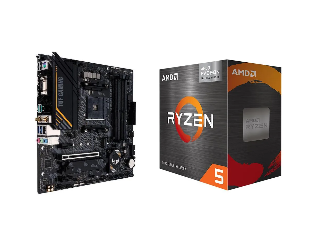 Micro ATX motherboard with black heatsinks and CPU with integrated graphics