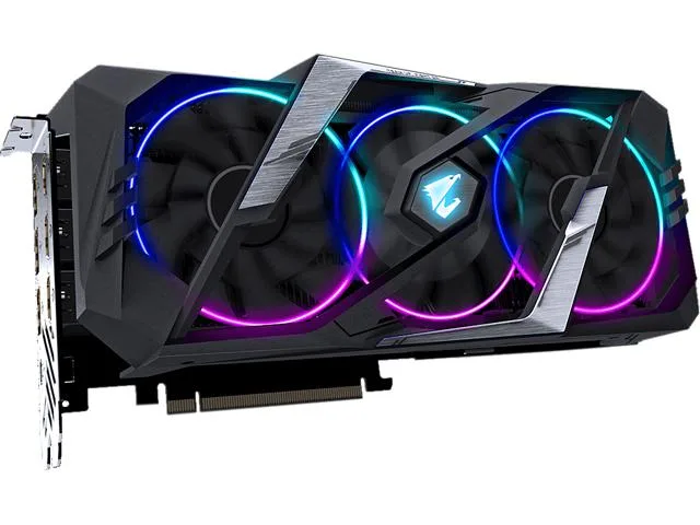 Large triple-slot graphics card with silver metal shroud and three fans, black backplate visible