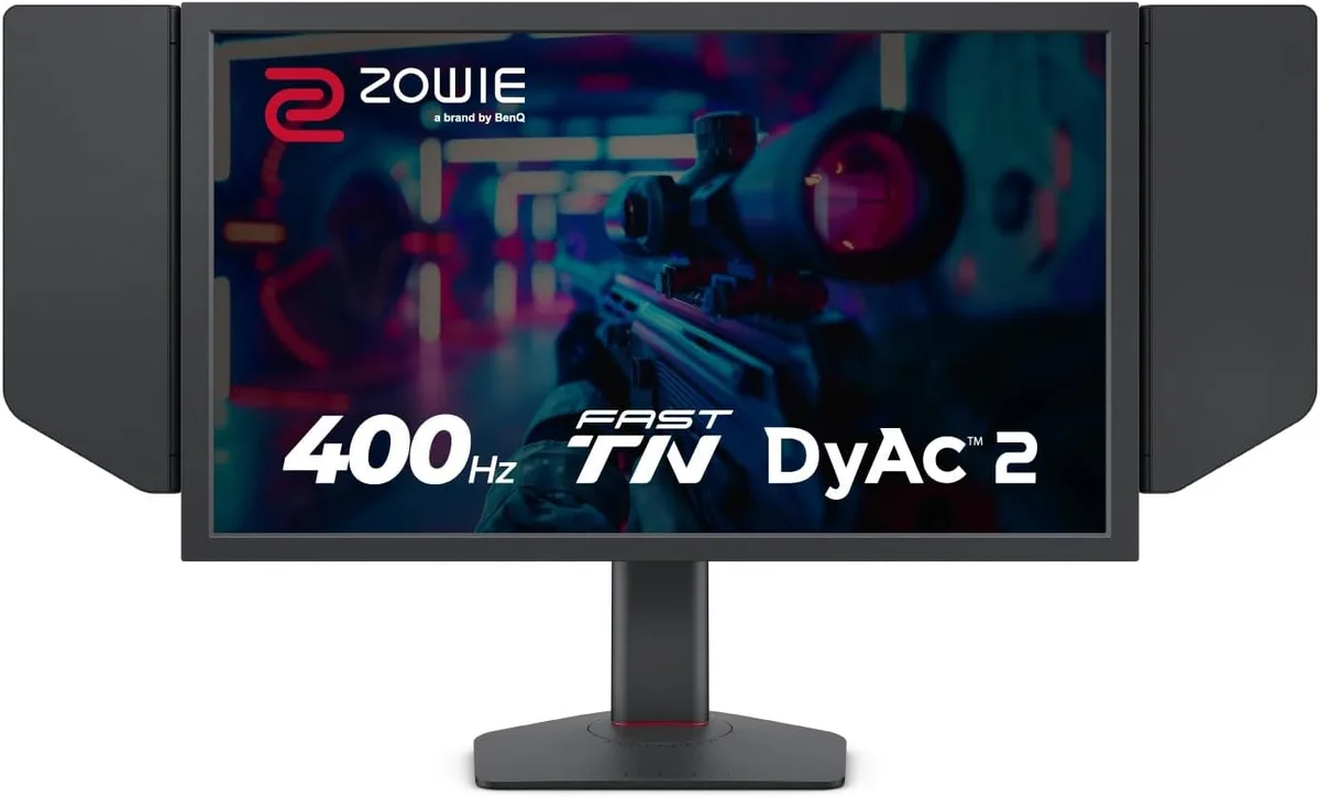 Black 24.1 inch flat gaming monitor on height adjustable stand with shielding hood