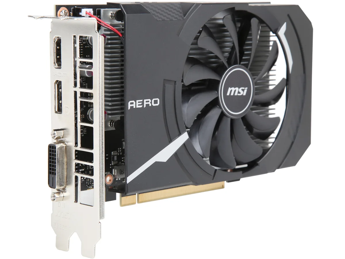Compact graphics card with single black fan and metal backplate