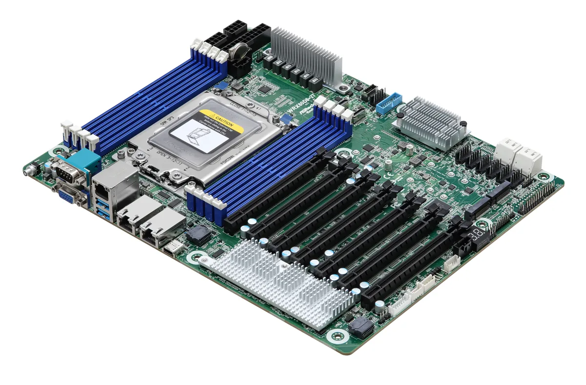 Green rectangular ATX server motherboard with eight DDR4 slots and seven PCIe x16 slots
