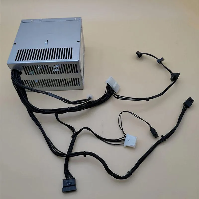 Rectangular black ATX power supply unit with rear fan grille and side label