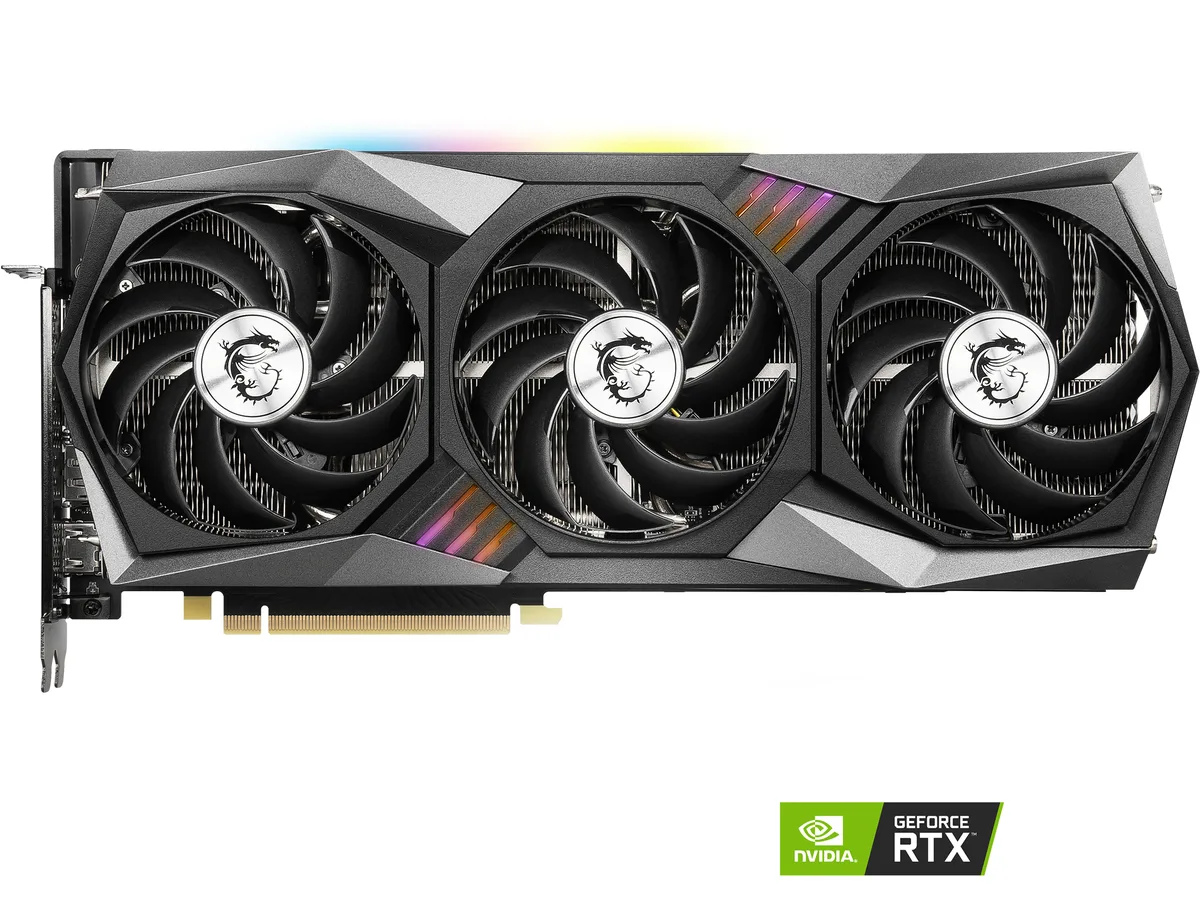MSI RTX 3060 Ti Gaming X Trio graphics card, triple-fan cooler, dark metal finish