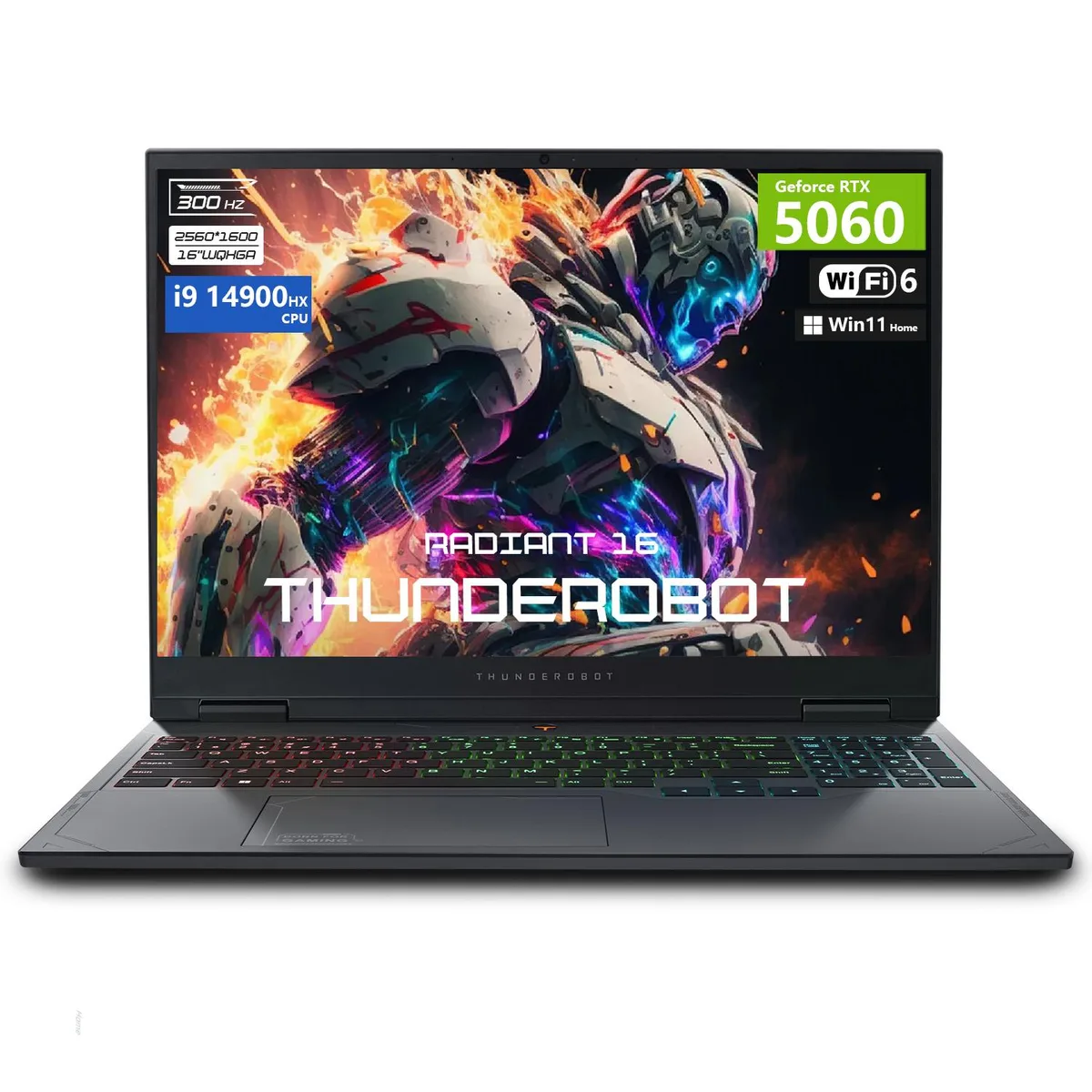 Grey gaming laptop, 16 inch QHD+ display, RGB keyboard, slim profile