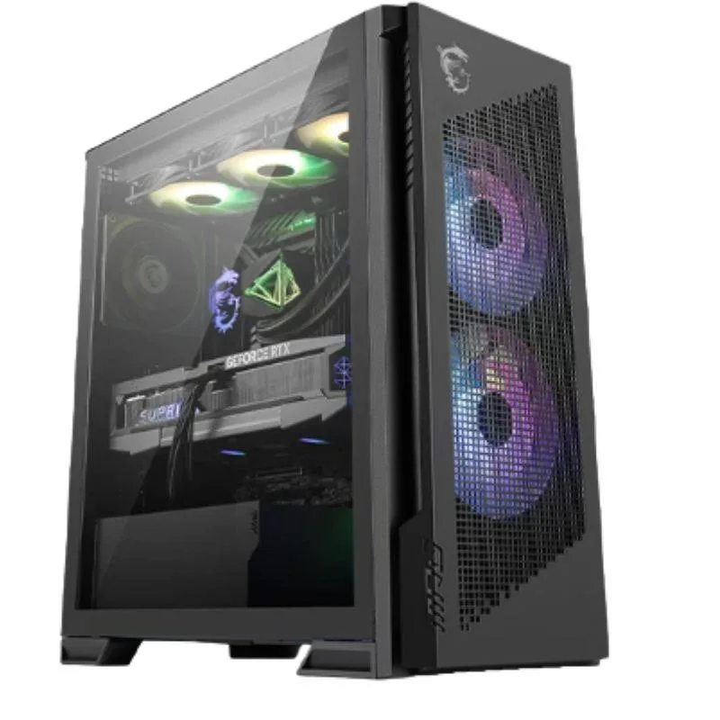 Black mid-tower case with mesh front panel, two large front fans and rear fan visible