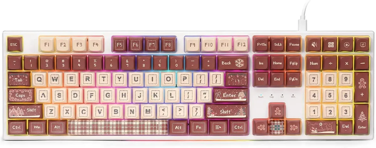 Full-size 108-key mechanical keyboard with festive gingerbread-themed keycaps