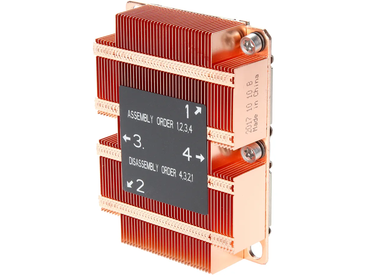 Compact copper heatsink with vapor chamber base, stacked fins, pre-applied thermal grease, 1U server form factor