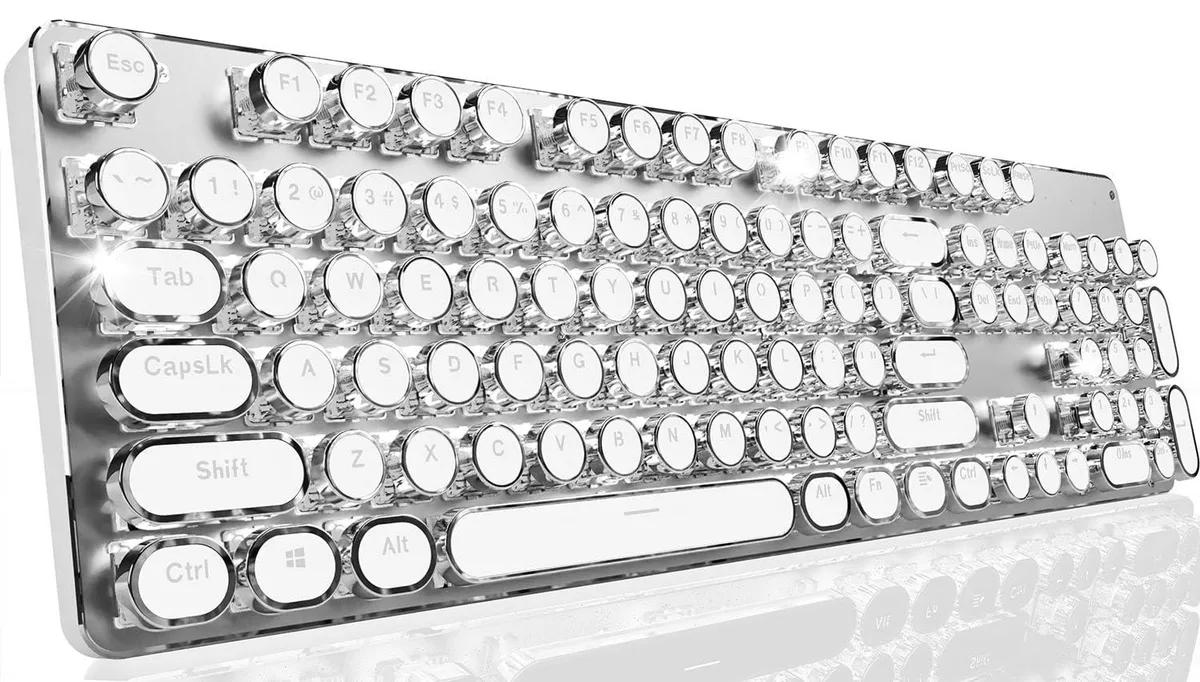 White wireless mechanical keyboard with round retro keycaps and metal panel