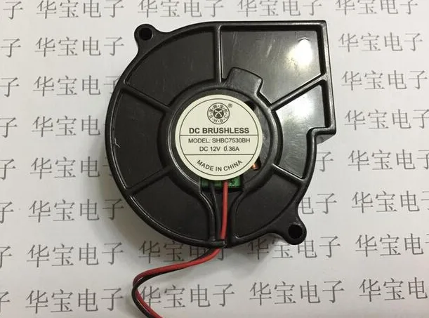 Black 75mm square blower fan, 30mm thick, two-wire connector