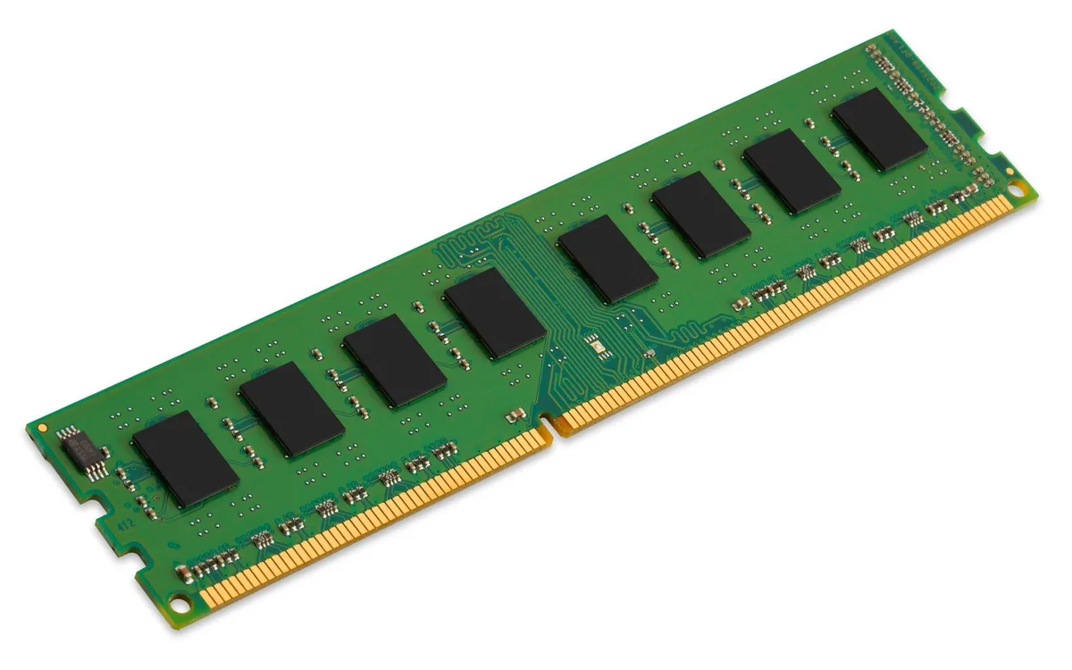 Green rectangular circuit board with black memory chips
