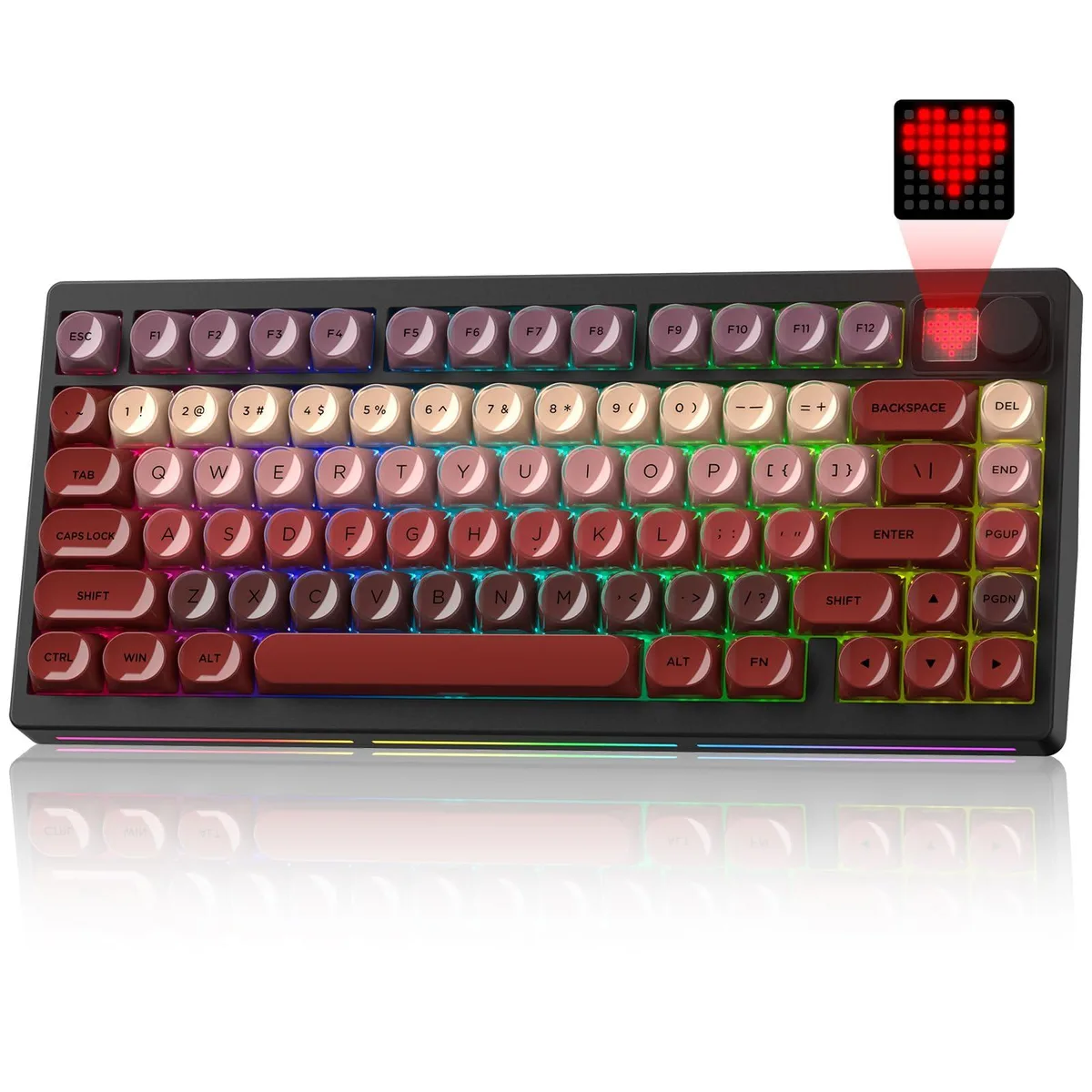 Black 75% mechanical keyboard with MOA profile keycaps and a side rotary knob