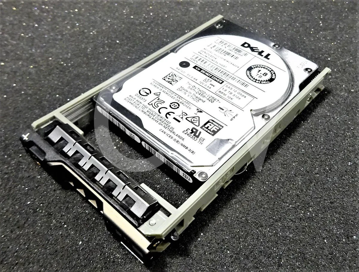 2.5 inch SAS hard drive with silver metal casing and mounted server tray