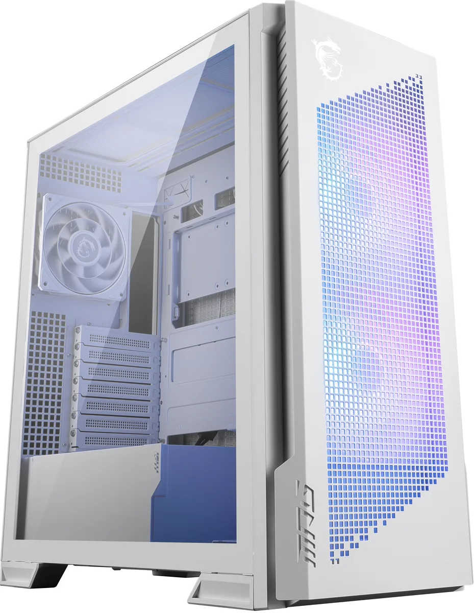 White mid-tower PC case with tempered glass side panel and mesh front panel