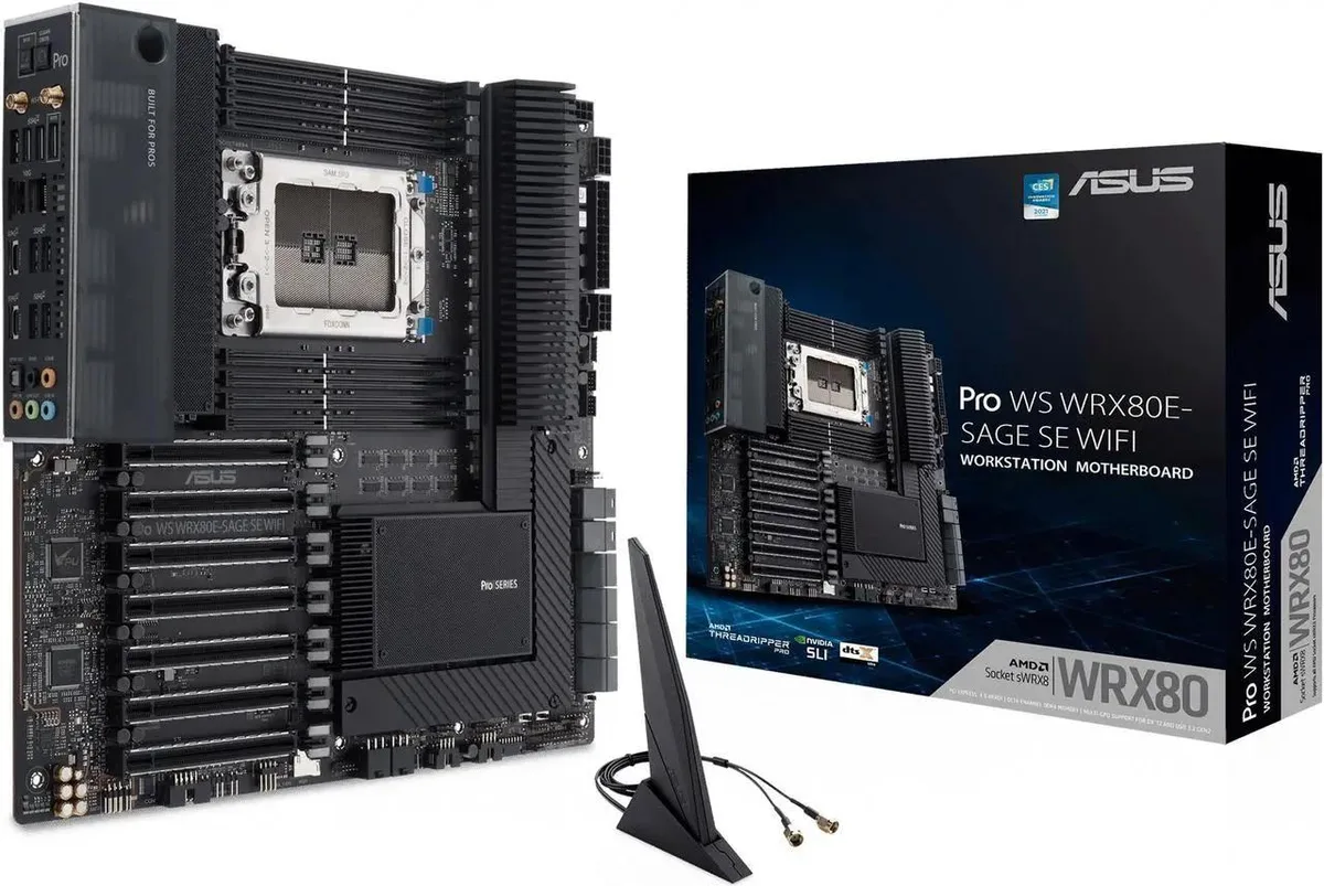 Large rectangular EATX motherboard with silver aluminium VRM heatsinks, black PCB and multiple PCIe slots