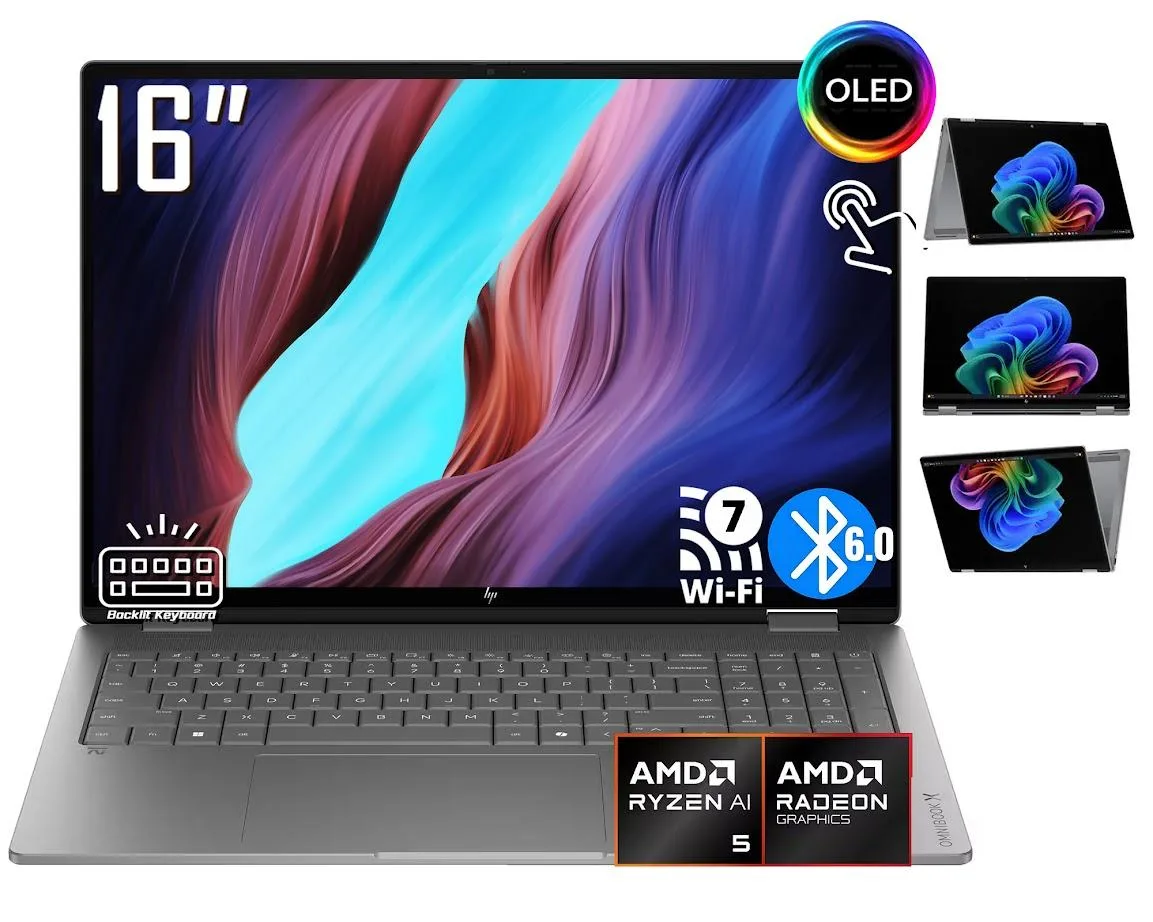 HP HP OmniBook X 2-in-1 AMD Ryzen AI 5 430 16GB 512GB 16 OLED Touch Windows 11 Home — снимка на продукта