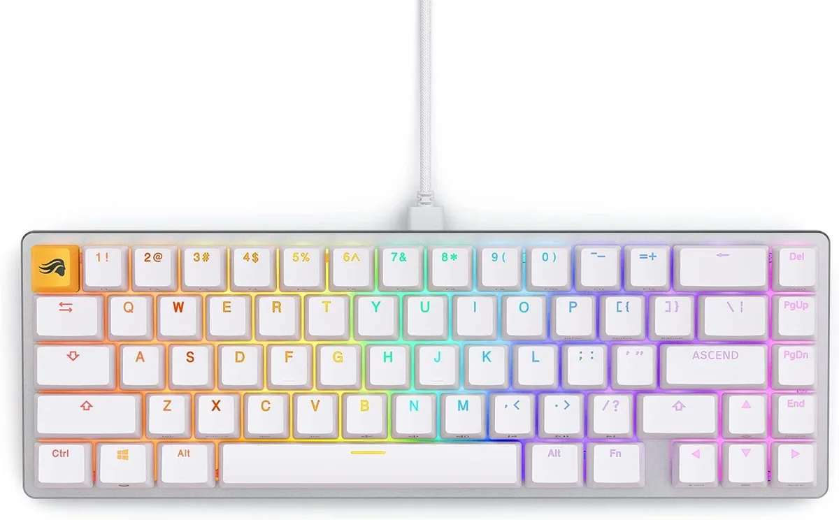 White compact 65 percent low-profile mechanical keyboard with double-shot keycaps and linear switches