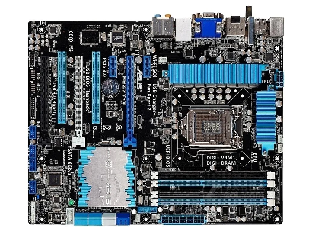 ASUS P8Z77-V ATX motherboard, black PCB with blue slots and silver heatsinks