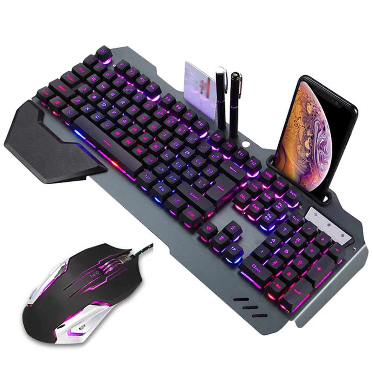 Wired gaming keyboard with magnetic wrist rest and included mouse, black metal panel, RGB backlighting