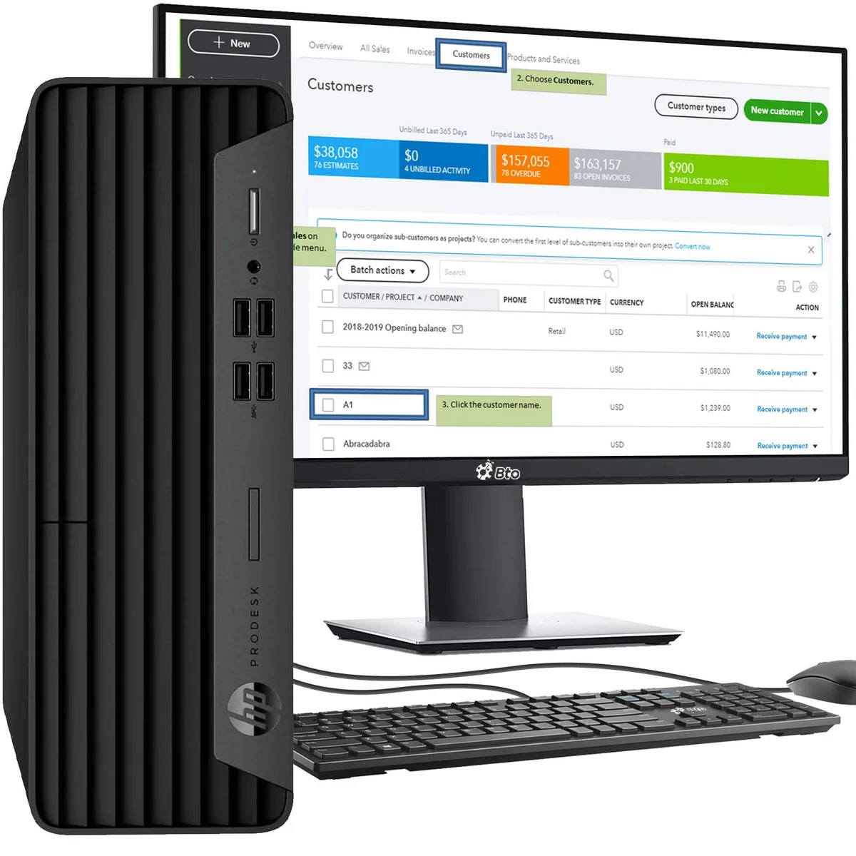 Black HP EliteDesk 800 G6 SFF tower beside 24 inch monitor, keyboard and mouse