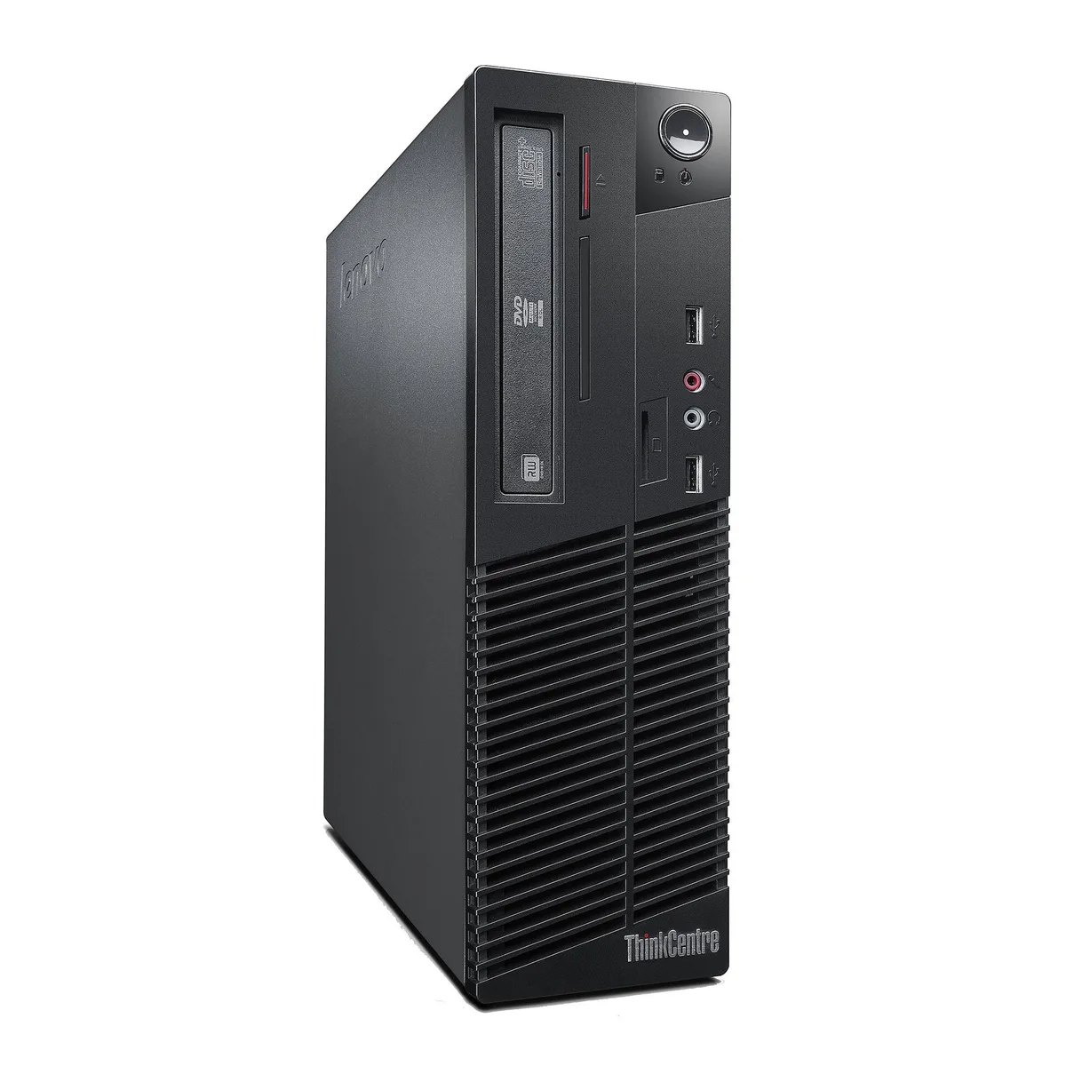 Small black desktop tower with DVD drive and USB keyboard and mouse