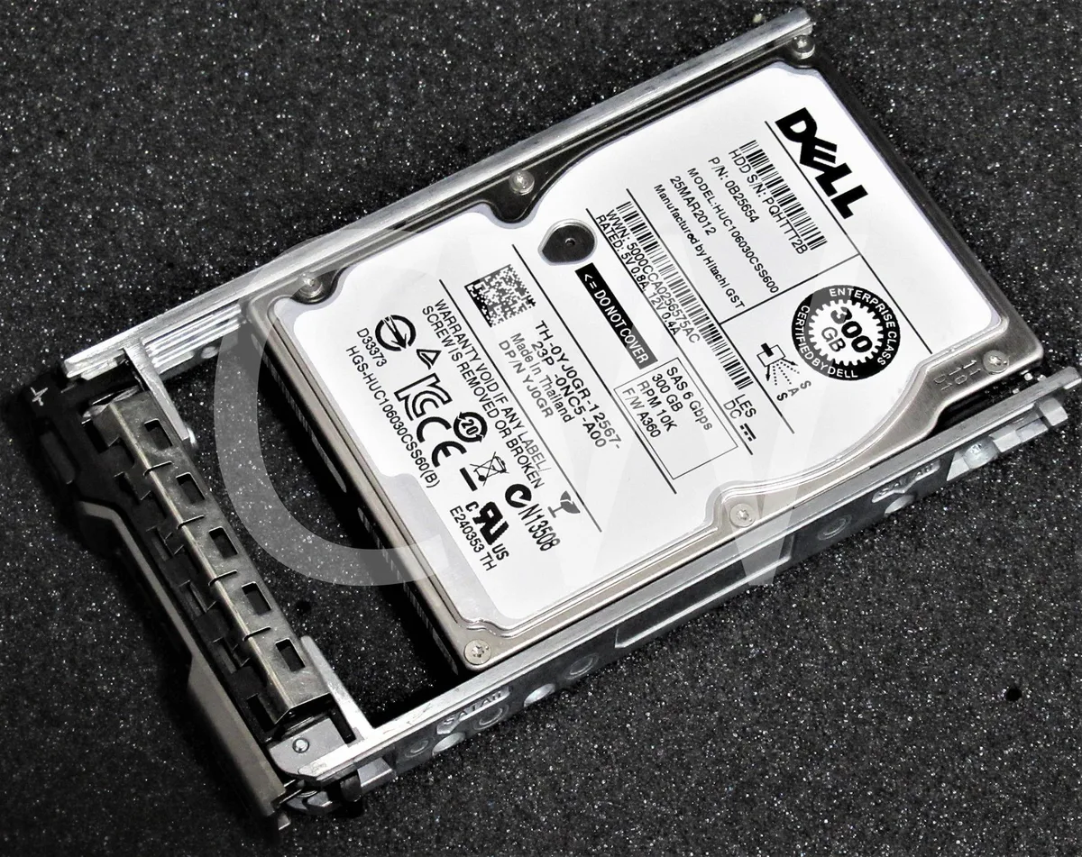 Small silver 2.5 inch SAS hard drive mounted in black server caddy tray