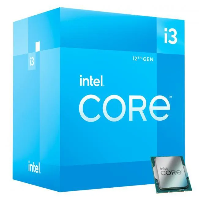 Rectangular green printed circuit board with gold contact pads and silver metal heat spreader marked Intel Core i3 12100