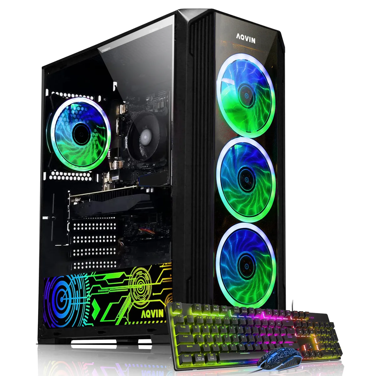 Black tower desktop with tempered glass side panel and RGB fan lighting