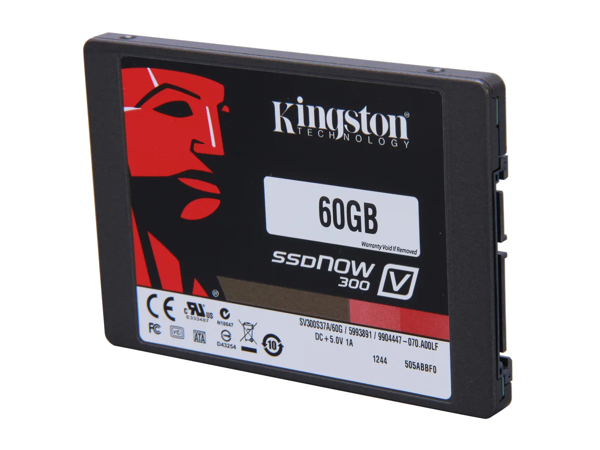 Rectangular 2.5 inch black metal SSD with silver label showing Kingston V300 60GB