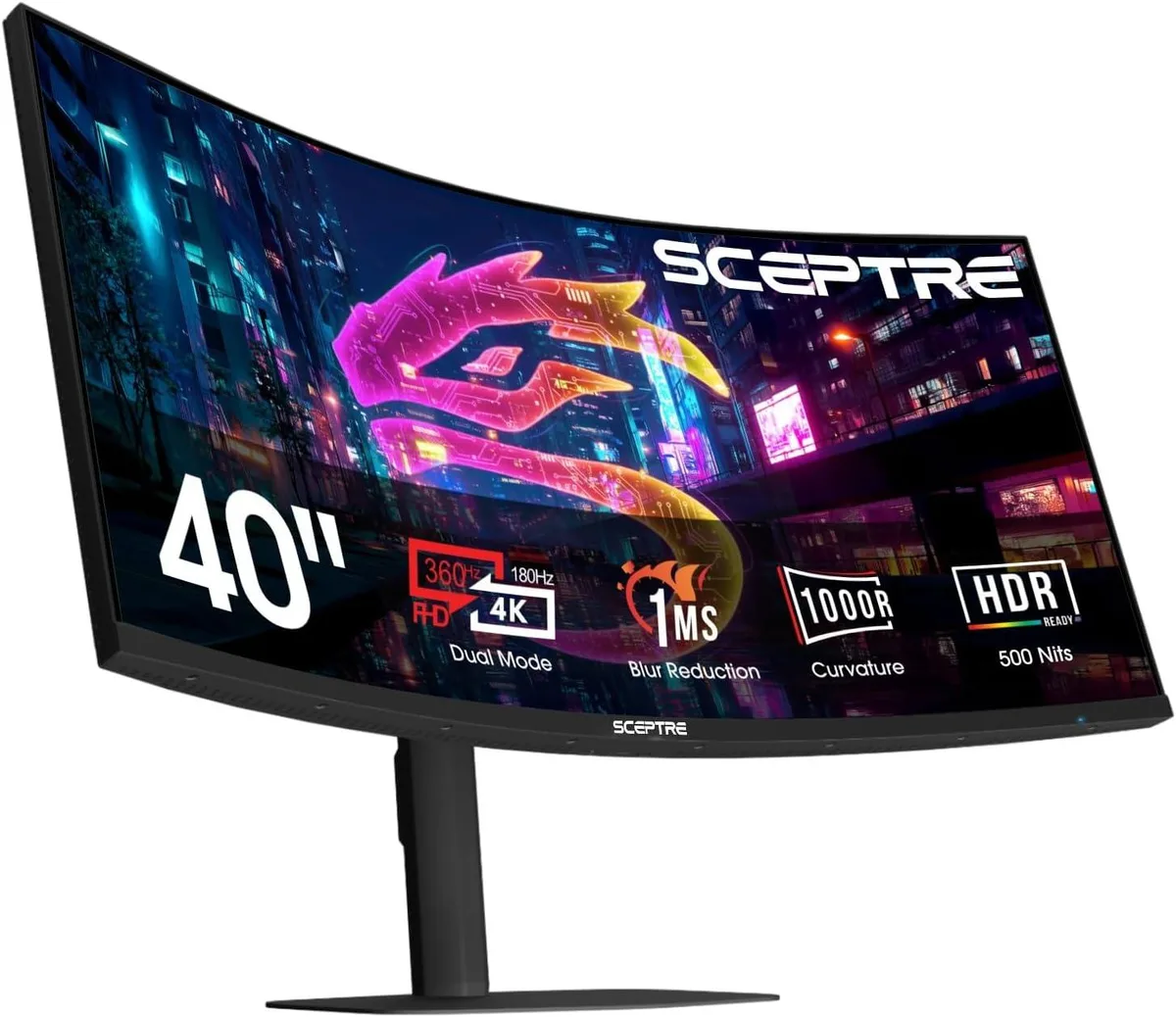 Black 32-inch QD-OLED gaming monitor on adjustable stand