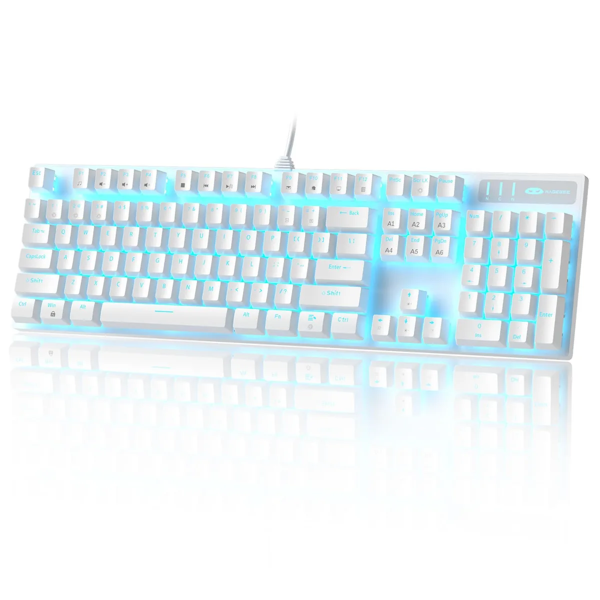 White full-size mechanical keyboard with blue switches and single-colour backlighting