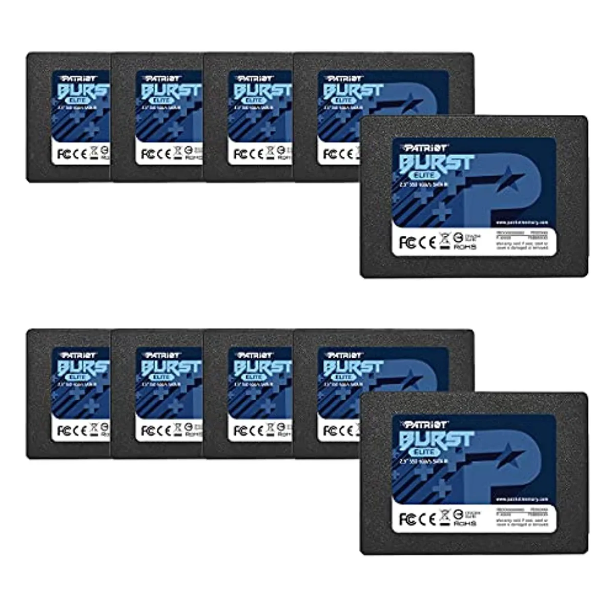 Ten silver 2.5 inch SATA SSD drives in a row