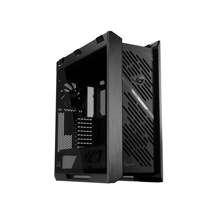 Black mid-tower case with tempered glass front and side panels, aluminium grille, four 140mm fans installed