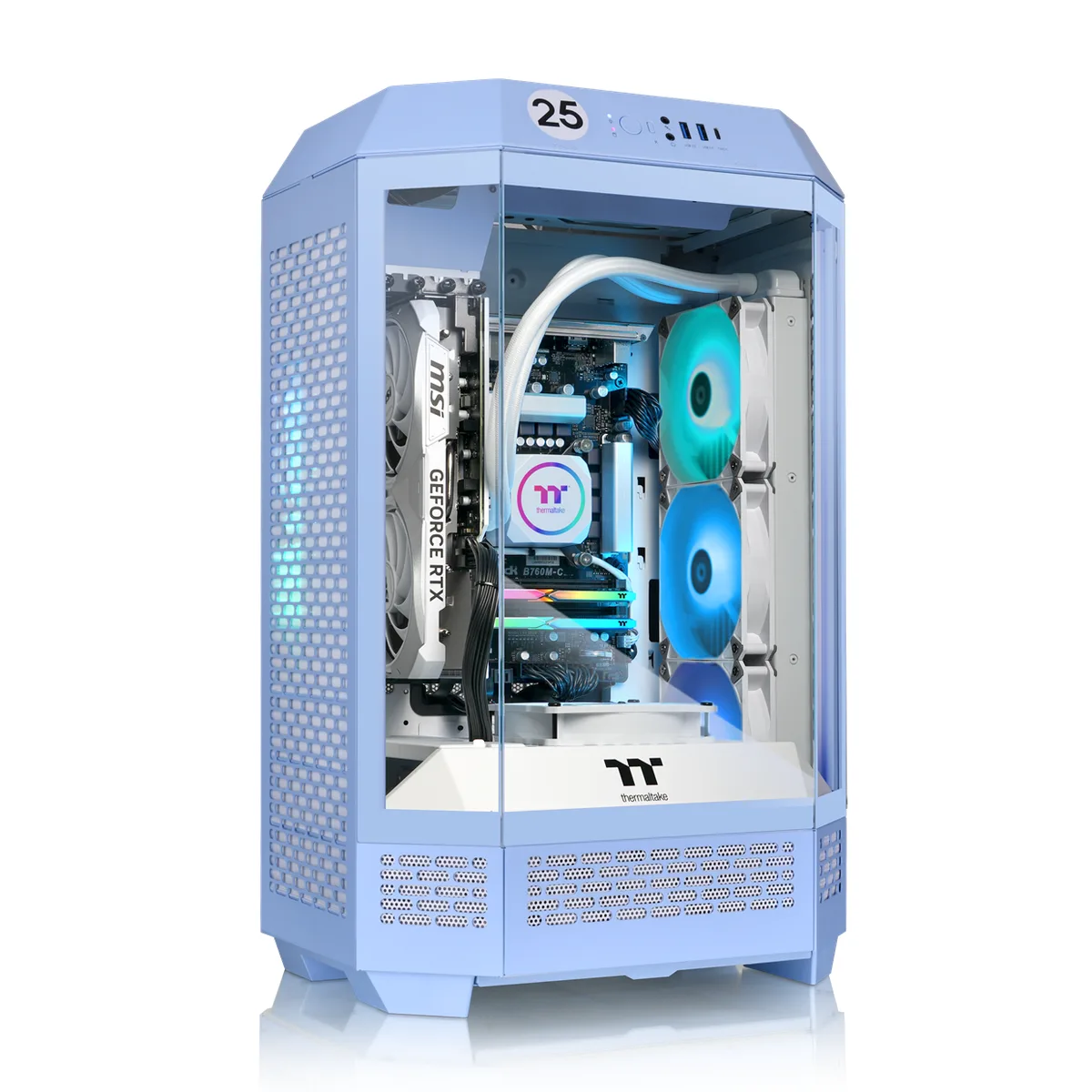 Blue mid-tower gaming PC with 240mm ARGB liquid cooler visible through side panel