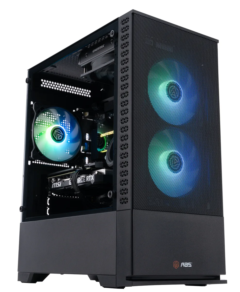 Black mid-tower gaming desktop with side panel window