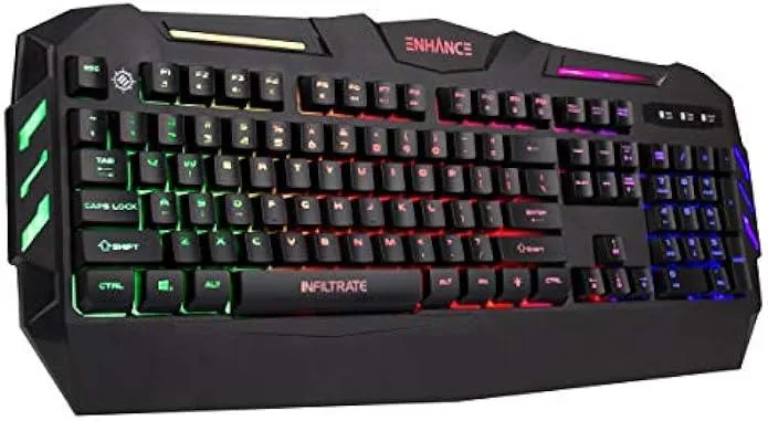 Black full-size gaming keyboard with multi-colour backlighting, integrated wrist rest and braided USB cable