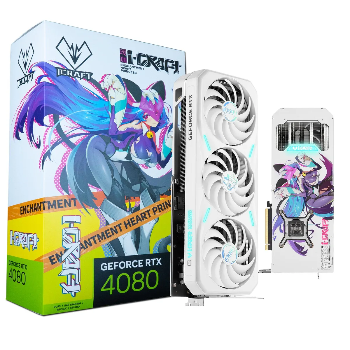 Full-length graphics card with anime-themed shroud, triple fans and RGB backplate