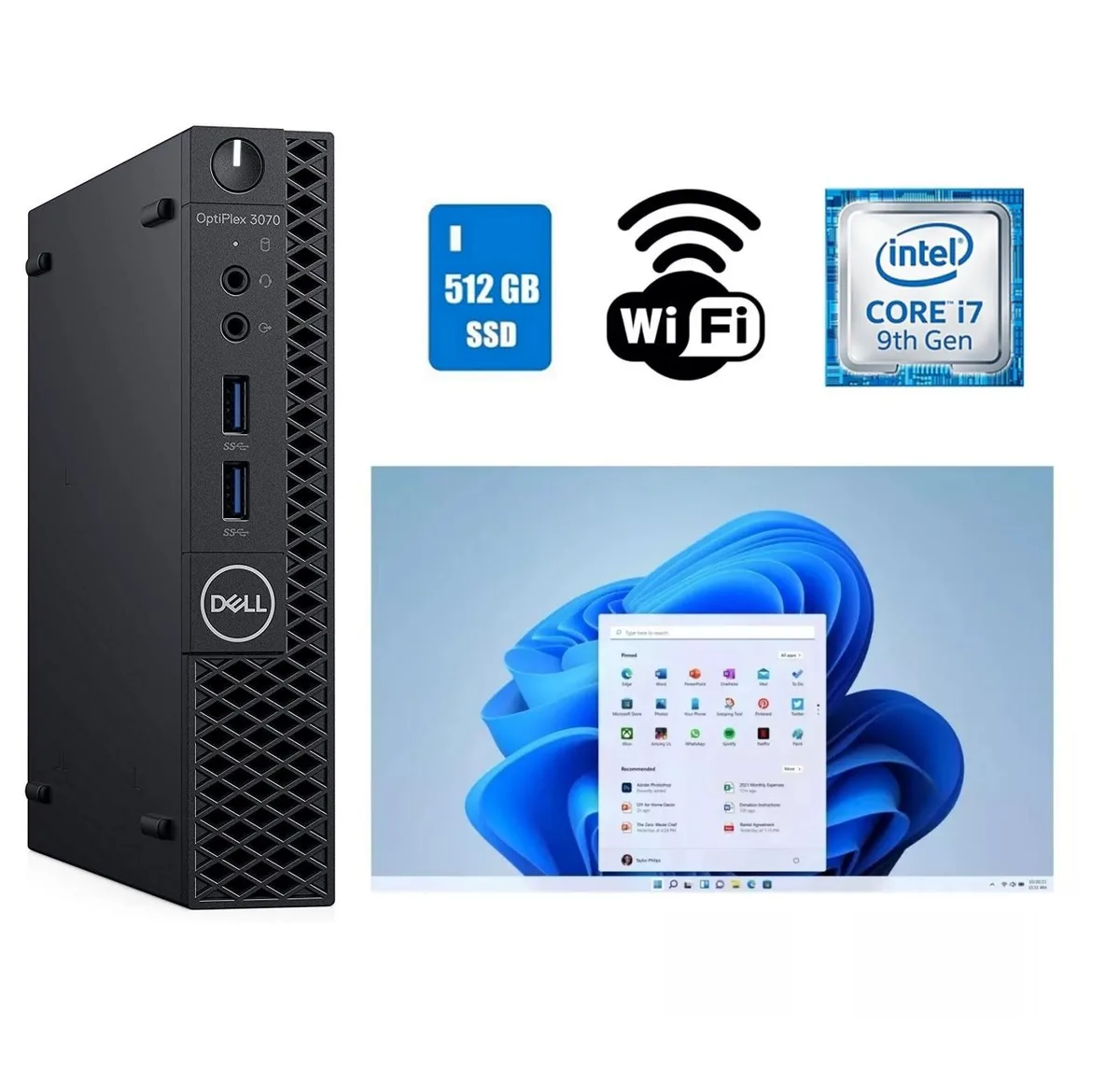 Small black micro desktop tower with power adapter and USB Wi-Fi adapter