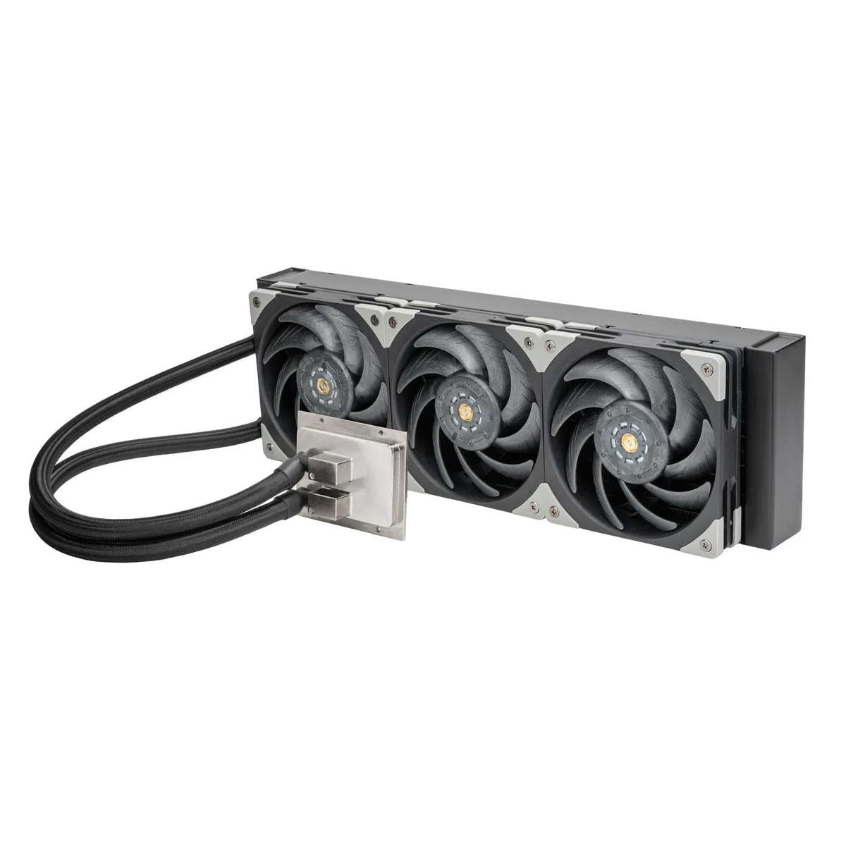 Black 360 mm radiator with three 120 mm fans and dual pump block
