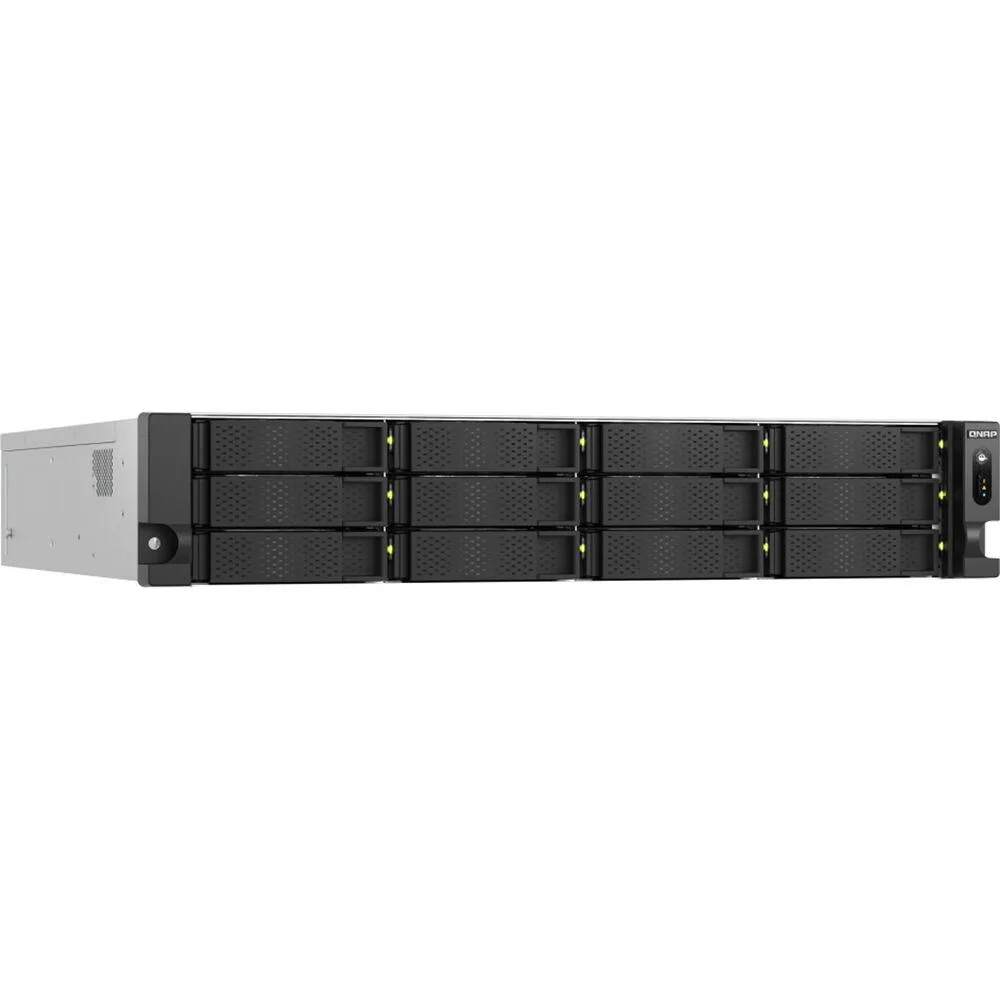 Black 2U rackmount NAS with twelve front drive bays and redundant power supplies