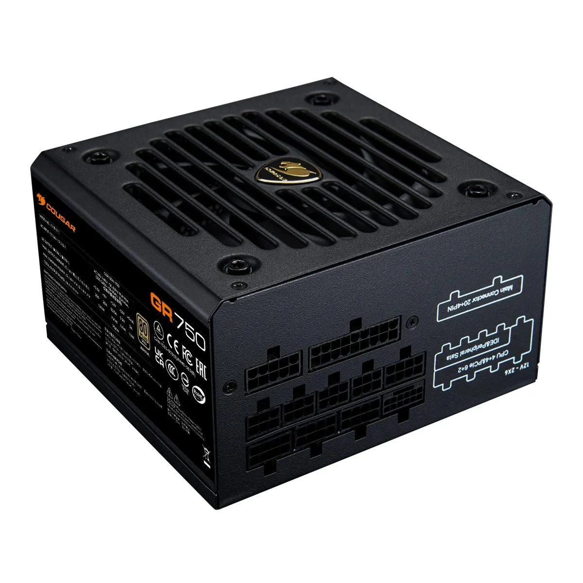 Black rectangular ATX power supply unit with 120mm fan grille and modular cable sockets
