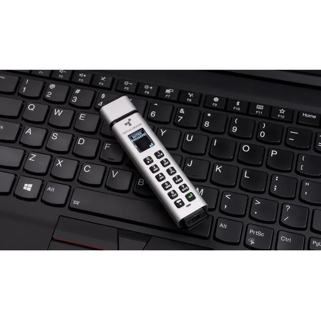 Rectangular silver USB drive with built-in keypad and small display, 3.9 inches long, 0.8 inches wide