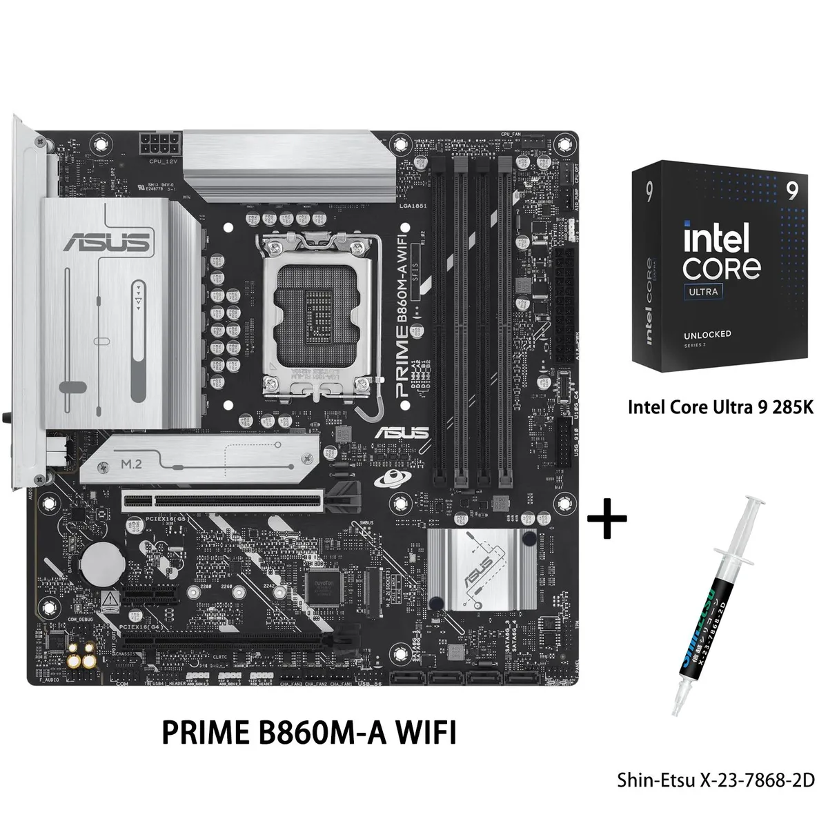 ASUS PRIME B860M-A WIFI motherboard and Intel Ultra 9 285K processor in retail packaging